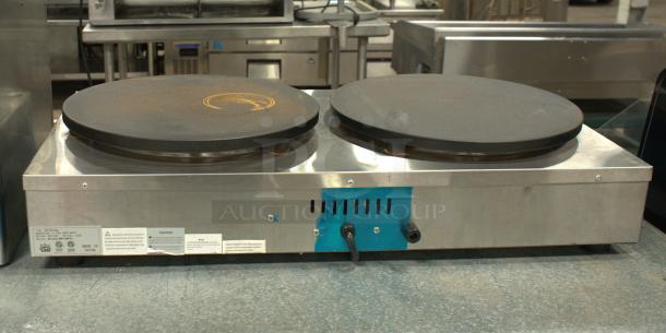 Carnival King 16" Dual Non-Stick Crepe Maker, model TCM16DBL, excellent condition, 208/240V, stainless steel with visible labels.