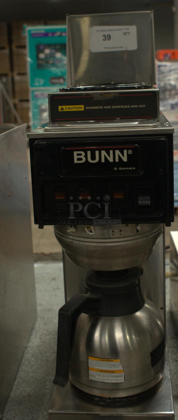 BUNN VP17-2SS coffee brewer in premium condition. Stainless steel body with warning labels. Model prominently marked.
