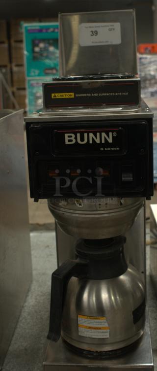 BUNN VP17-2SS coffee brewer in premium condition. Stainless steel body with warning labels. Model prominently marked.