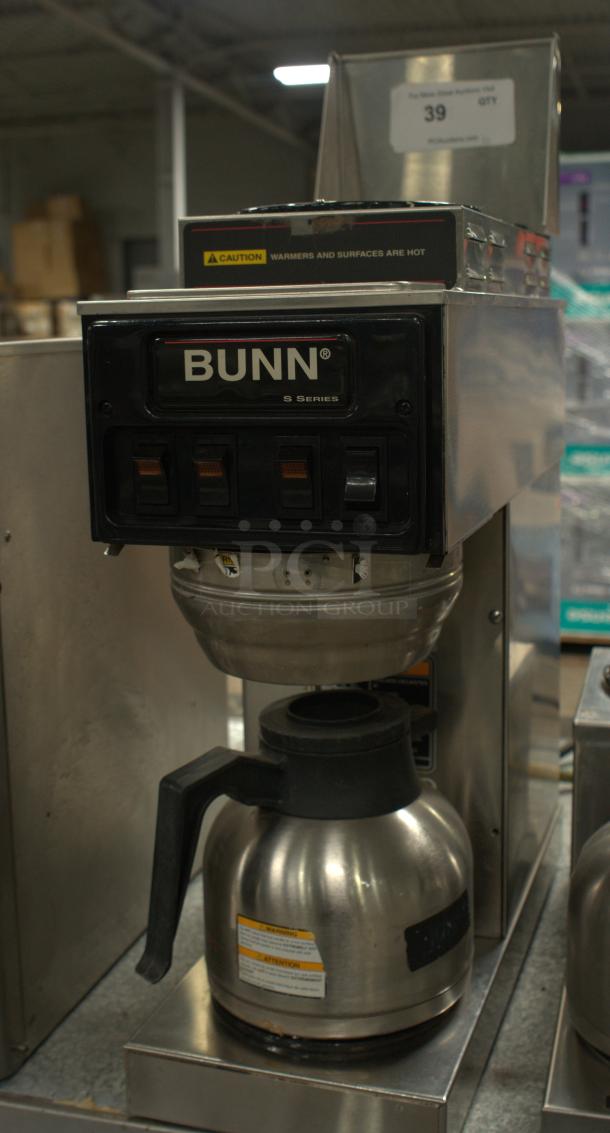 BUNN VP17-2SS Brewer in premium condition. Features stainless steel design, dual warmers, and caution label for hot surfaces.