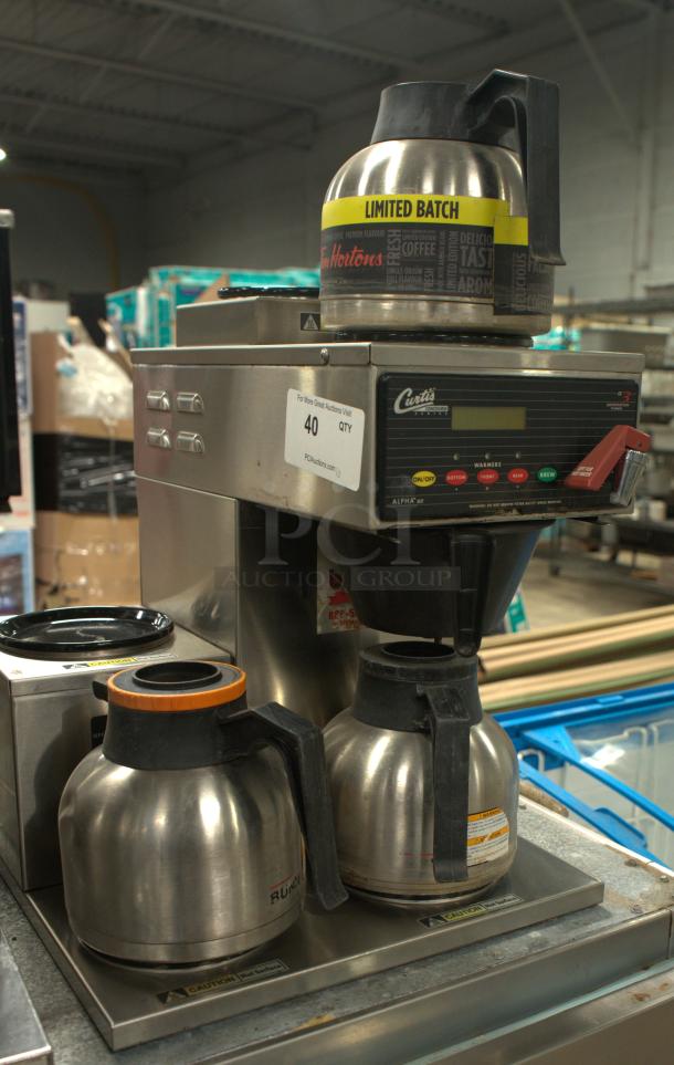 Curtis ALP5GTL12A805 12-Cup Coffee Brewer with 3 Lower Warmers, premium condition, stainless steel, 120V, labeled carafes.