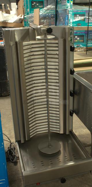 Eurodib DE4A Electric Gyro and Shawarma Machine, 200 lb capacity, premium condition, stainless steel, with adjustable burner knobs.