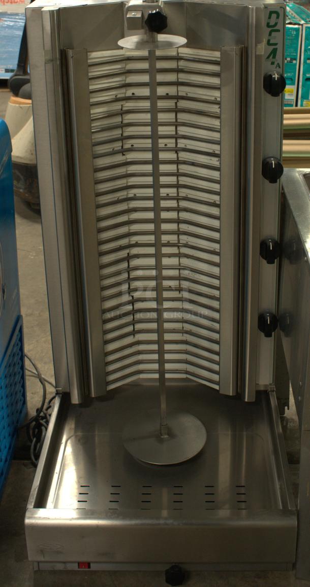 Eurodib DE4A Electric Gyro Shawarma Machine, 200 lb capacity, stainless steel, premium condition, visible control knobs.