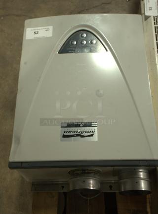 TAKAGI AT-H3-DV-N tankless water heater, 199,000 BTU, natural gas, indoor condensing, ultra-low NOx, with visible control panel.