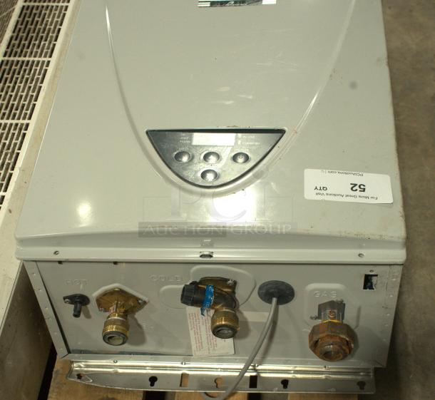 TAKAGI AT-H3-DV-N tankless water heater, 199,000 BTU, natural gas, indoor, condensing, ultra-low NOx, control panel visible.