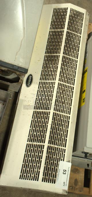 DuraSteel white 36-inch wall-mounted air curtain fan, UL certified, shows signs of wear. Includes "Aerial" label and auction tag.