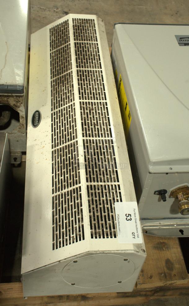 DuraSteel 36-inch white wall-mounted air curtain fan, model Aerial Titan-1, slightly dusty, UL certified, heavy-duty.