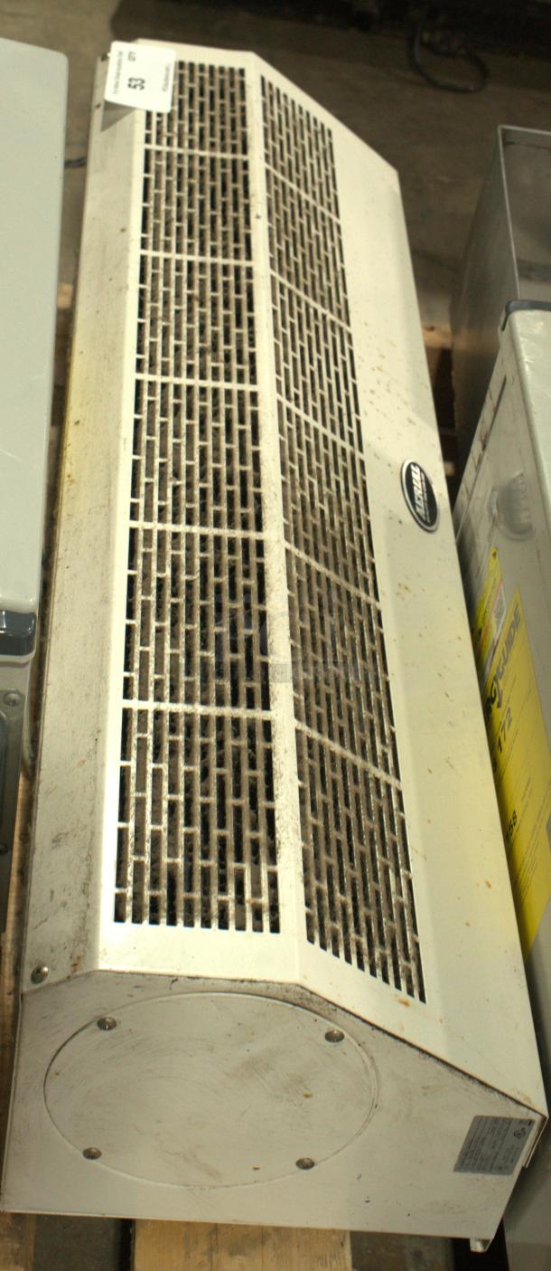 DuraSteel 36" air curtain fan, wall-mounted, white, UL certified, shows signs of wear. Includes door magnetic switch.