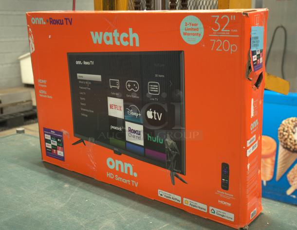 Brand new Onn 32” 720P HD Roku Smart TV in box, featuring HDMI inputs, 60Hz refresh rate, and 2-year limited warranty.