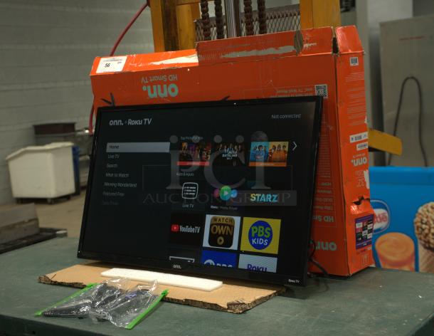 BRAND NEW Onn 24” Class 720P HD Roku Smart TV, in original packaging, includes remote. Box shows slight damage.