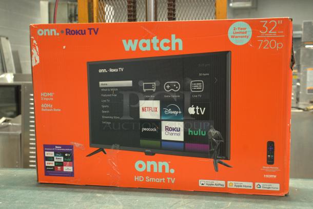 Brand new Onn 32" Class 720P HD Roku Smart TV in box; features HDMI, 60Hz refresh rate, 2-year warranty.