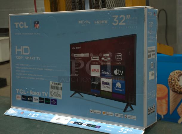 Brand new TCL 32” Class S3 (32S331) 720p HD LED Smart TV with Roku TV in original packaging. Features include Roku streaming, Dolby Audio, and three HDMI inputs. Model 32S331 with dynamic contrast and fullview metal bezel-less design.