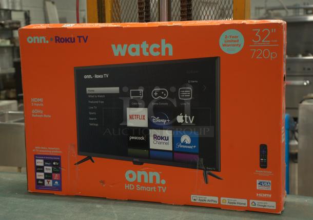 Brand new Onn 32" 720P HD Roku Smart TV in box, features 3 HDMI inputs, 60Hz refresh rate, 2-year warranty badge.