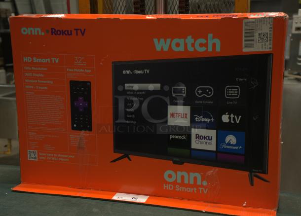 Brand new Onn 32” 720P HD Roku Smart TV in box. Features: DLED display, wireless streaming, HDMI inputs.