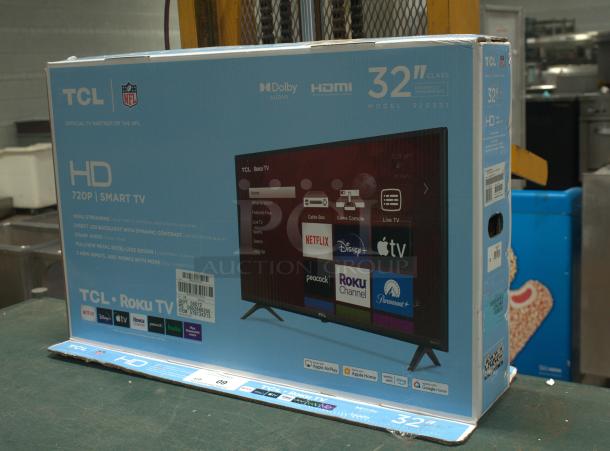 Brand new TCL 32" Class 720P HD LED Roku Smart TV in packaging. Model 32S331, featuring Dolby Audio and 3 HDMI inputs.