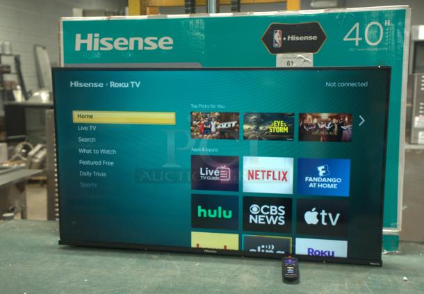 Brand new Hisense 43" 4K UHD LED LCD Smart Roku TV HDR R6 Series 43R6E3, showing home screen, boxed.