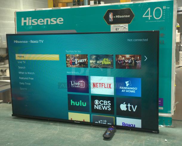 Brand new Hisense 43" 4K UHD LED LCD Smart Roku TV HDR R6 Series 43R6E3, showing streaming apps.