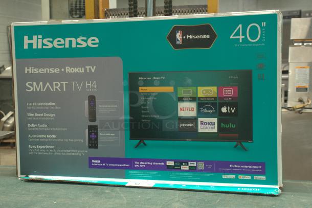 BRAND NEW Hisense 43" 4K UHD LED LCD Smart Roku TV, R6 Series 43R6E3, in box. Features HDR, slim bezel, Dolby audio.