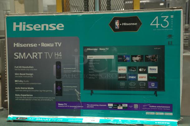 Brand new Hisense 43" Class 4K UHD LED LCD Smart Roku TV HDR R6 Series 43R6E3 in box, featuring Dolby Audio and slim bezel.