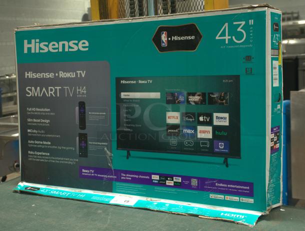 Brand new Hisense 43" Class 4K UHD LED LCD Smart Roku TV, HDR R6 Series 43R6E3, in original packaging.