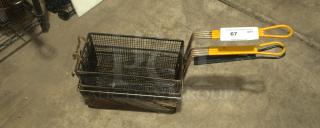 Heavy-duty All-Points twin fryer basket, 13-1/4"x6-1/2"x5-7/8", green plastic handle, front hook, auction tag "67".