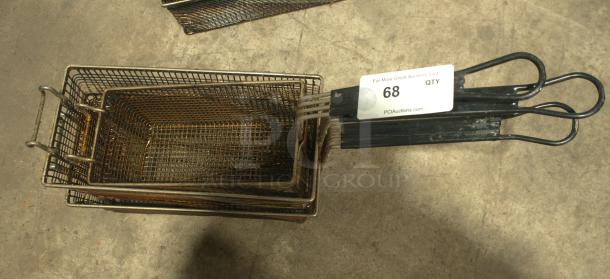 Heavy-duty twin fryer basket, All-Points 63-121, 13-1/4"x6-1/2"x5-7/8", green plastic handle, front hook, worn condition.