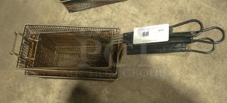 Heavy-duty twin fryer basket, All-Points 63-121, 13-1/4"x6-1/2"x5-7/8", green plastic handle, front hook, worn condition.