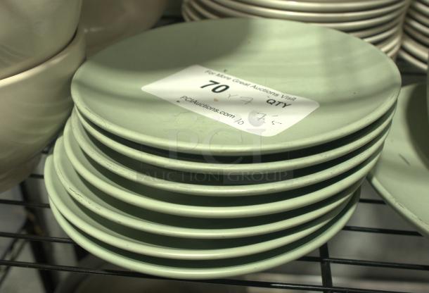 7.5" vintage Japanese melamine dishes, heavy-duty, stacked with visible wear. Auction label indicates lot number and dimensions.