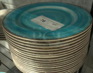 Carlisle 11" round melamine bread & butter plate, aqua color, stack of plates, auction tag reading "76", good condition.