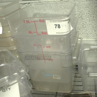 Met Lux 8 Quart Brine Bucket, clear and red, with volume markers and a built-in handle, freezer-safe. Lid not included.