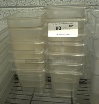 Clear plastic 1/6 size cold food storage containers, heavy duty, stackable, in good condition. Auction tag shows quantity 80.