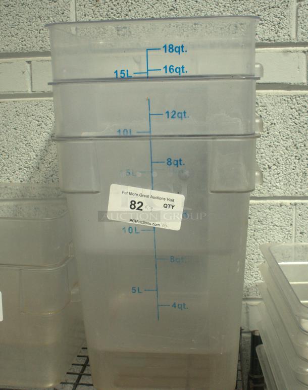 Winco PC Square Storage Container, 18-quart, clear, marked in quarts and liters, heavy duty, in good condition.