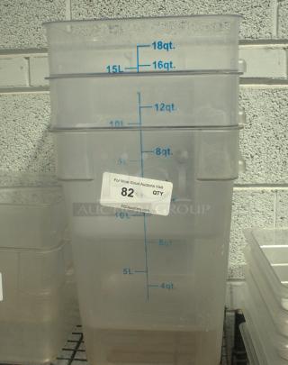 Winco PC Square Storage Container, 18-quart, clear, marked in quarts and liters, heavy duty, in good condition.