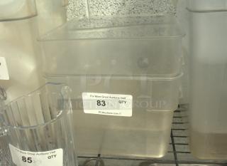 Cambro clear plastic storage box, heavy-duty, gently used. Label indicates auction lot number 83, quantity 2.