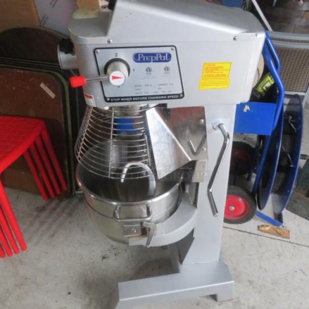 PrepPal 30 Quart Stand Mixer, Model PPM-30, with stainless steel bowl, hook, and guard. Features visible controls; 110V.