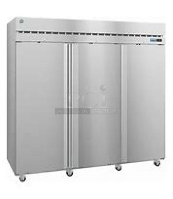 Hoshizaki R3A-FS 3-door stainless steel refrigerator, 9 wire shelves, on casters, new, 115V, assembly required.
