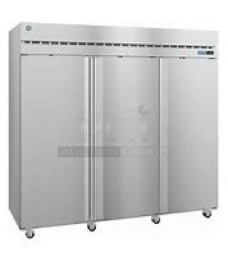 Hoshizaki R3A-FS 3-door stainless steel refrigerator, 9 wire shelves, on casters, new, 115V, assembly required.