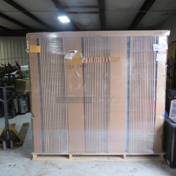 New Hoshizaki 3-door stainless steel refrigerator, model R3A-FS, with 9 wire shelves, on casters, boxed for assembly.