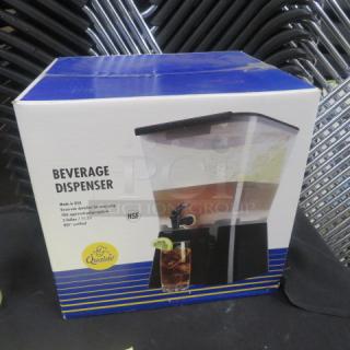 New 3-gallon Qualite beverage dispenser, NSF certified, easy-pour spigot, in original box with branding and product details.