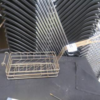 Steel deep fry basket with wire handle, rectangular shape, lightly used condition, marked with tag number 22.