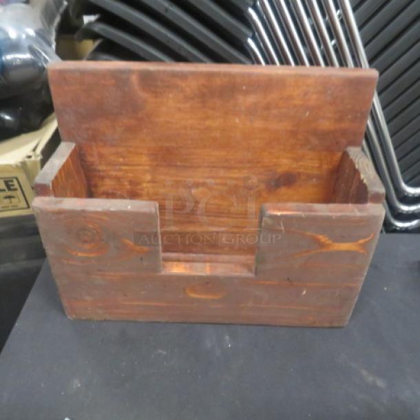 Wooden menu holder, 14x5x11 inches, rustic finish, used condition, suitable for restaurant or kitchen decor.