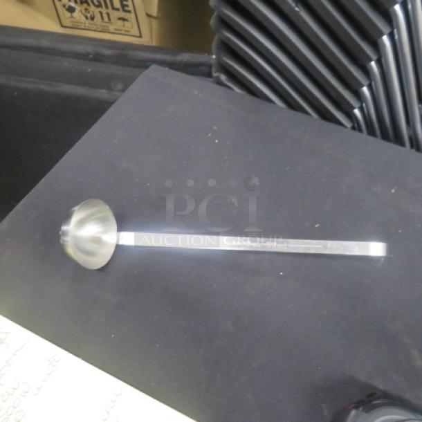 NEW 2oz stainless steel ladle with long handle. Durable, ideal for serving. Engraved with "2 oz - 60 ml" marking.