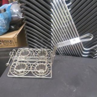 Metal deep fry basket with four compartments, long handle, and tag labeled "306." Excellent condition.