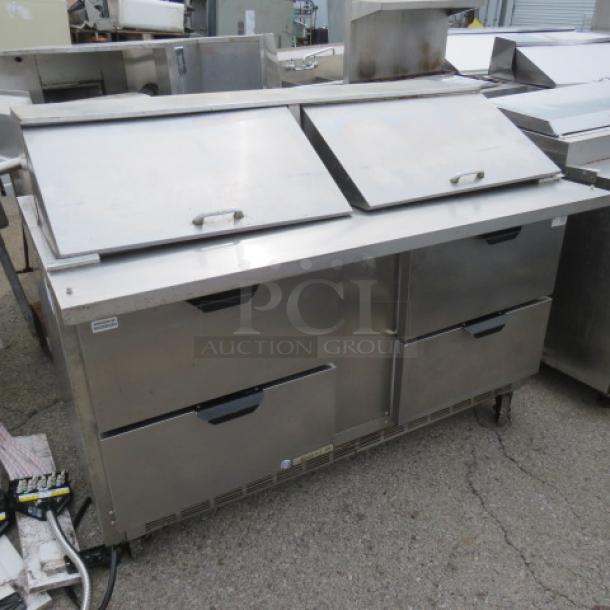 Beverage Air SPED60-24M-4 refrigerated prep table, 4 drawers, stainless steel, on casters, 60x34x46 inches.