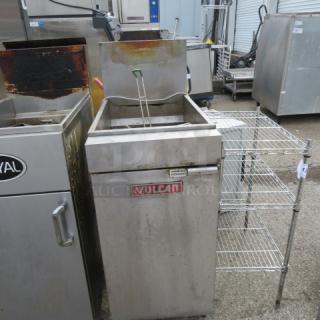 Vulcan LG300 natural gas deep fryer on casters, 15.5x30x45, used condition, visible brand label on front.
