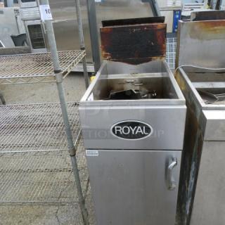 Royal Natural Gas Deep Fryer, Model RFT50, 15.5x30x45 inches. Features visible Royal logo; appears well-used.