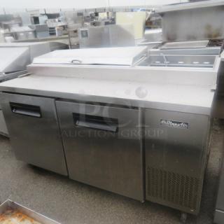 Blue Air 2-door refrigerated prep table, Model BAPP67, with 2 racks on casters. Missing 1 lid. Dimensions: 67x32x43 inches.