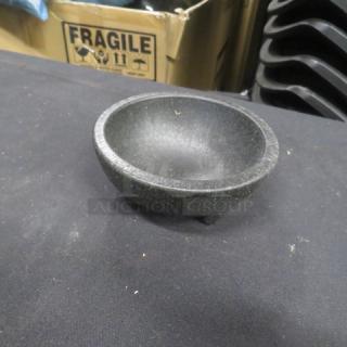 Molcajete Bowl NHS1008, black stone, pre-owned, 3-legged, gently used condition, no visible cracks or chips.