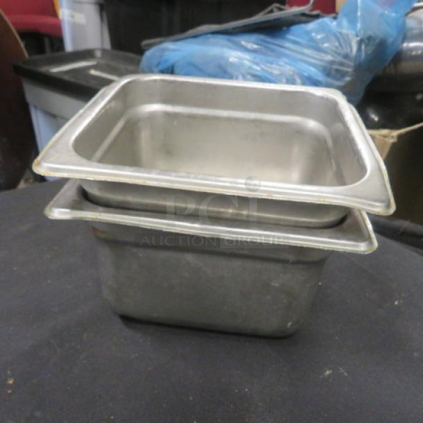 1/6 size, 6-inch deep hotel pan, used condition, stackable stainless steel, 3XBID marking visible.
