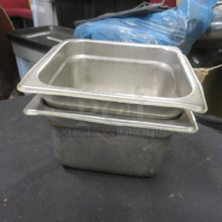 1/6 size, 6-inch deep hotel pan, used condition, stackable stainless steel, 3XBID marking visible.